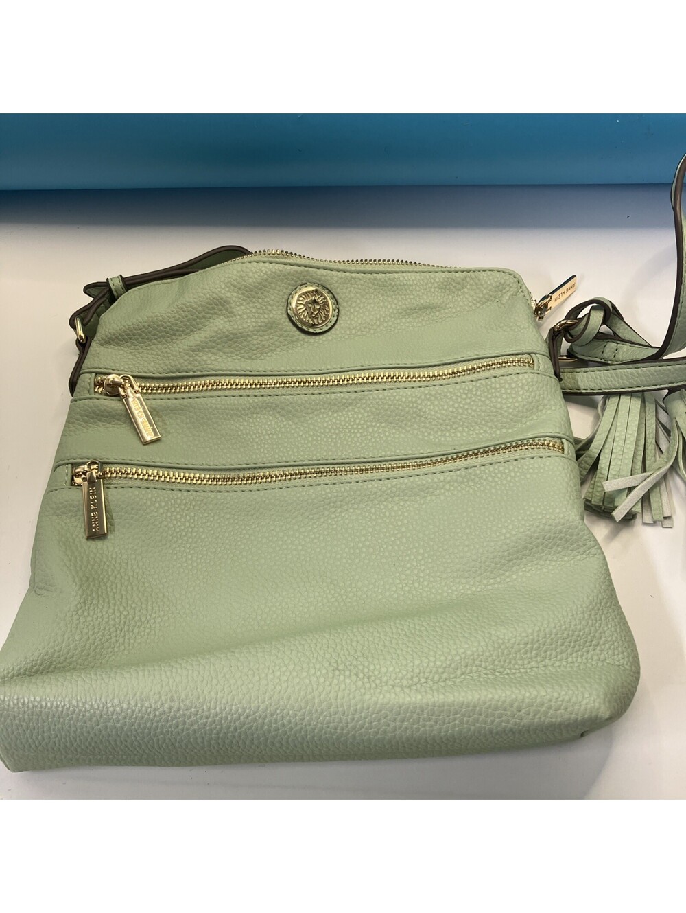 Anne Klein Mint Green Crossbody Bag W/Tassels Multi-Pocket Faux Leather